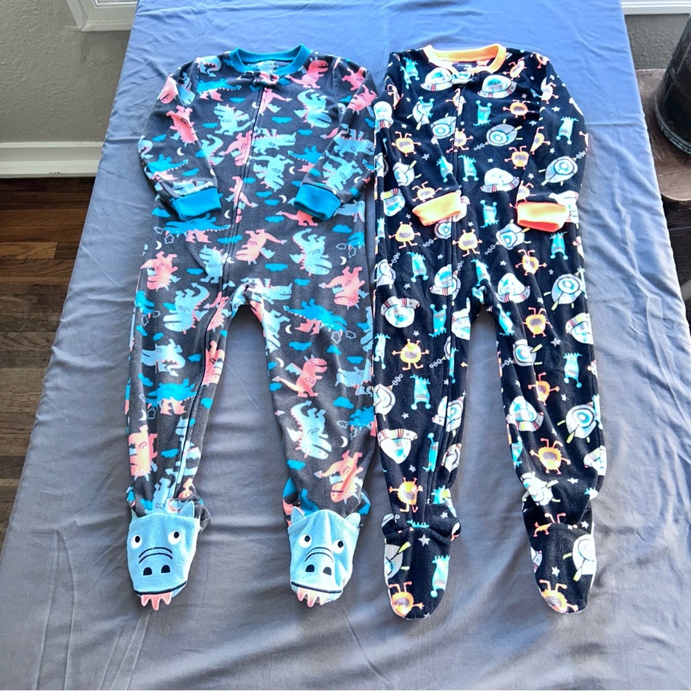 Carter's Gray, Blue & Pink Dino and Navy Space Footed Pajama Set